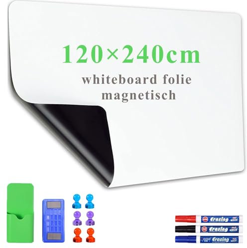 Lyzzxi Whiteboard Folie, 120 * 240cm Magnetisch Selbstklebend Weißwandtafel Folie, Memoboard zum Schreiben, Inklusive Marker und Schwamm, Wandfolie für glatten Oberflächen in Schule Büro Haus