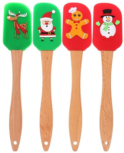 DOITOOL 4 Pieces Christmas Silicone Spatula Christmas Cake Decorating Spatula Kitchen Silicone Spatula Set Xmas Cake Spatula with Wooden Handle for Kitchen Mixing Cooking Baking