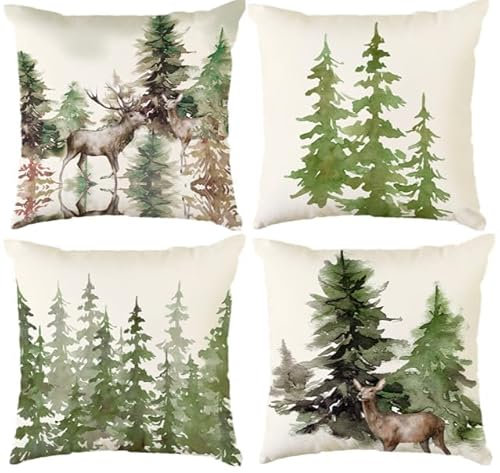 Aitsite Weihnachten Kissenbezug, 4er-Pack Winter-Kissenbezüge, Weihnachts-Kissenbezüge 45 x 45 cm, Winter, Weihnachts Dekoration für Wohnzimmer, Sofa, Schlafzimmerdekoration (Grüner Kiefernhirsch)