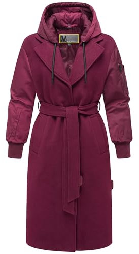MARIKOO Damen warmer langer Übergangsmantel in angesagtem Materialmix mit abnehmbarer Kapuze und Binde-Gürtel Tjadee 16 Wine Gr. L