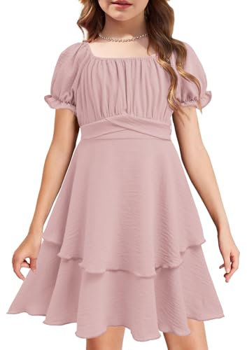 Arshiner Robe Filles Col Carré Robes D'été Manches Bouffantes Robe à Volants Robe en Mousseline Rose Robes de Bal Enfants Robes de Confirmation Robes de Soirée avec Ceinture 11-12 Ans