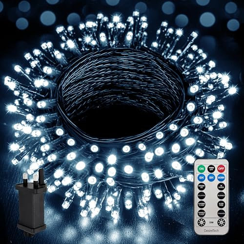 Desiretech Outdoors & Garden Lights - 33m 300 LED Outdoor Waterproof Plug-in String Lights, Remote Control, 8 Modes, Timer, Dimmable Cool White Lights for Indoor & Outdoor Christmas Decorations