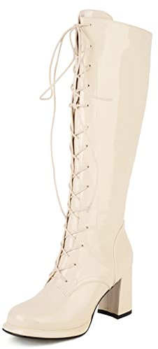 Klarmar Stivali Alti Biker Stivali Alti Donna Plateau Motorcycle Cordoncino Block Stivali Knee High Classico Casuale Beige Numero 36 EU/23CM