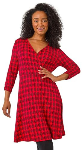 Roman Originals Wrap Tea Dress for Women UK Ladies Fit Flare Skater Swing Stretch Frill Long & Short Sleeve Evening Cocktail Party Work Office Smart Casual Knee Length - Petite Red Noir - Size 8