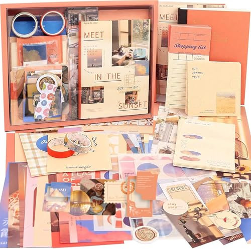 ROEOWENE 410 PCS Scrapbook Zubehör Journal Sticker DIY Scrapbook Set Vintage Scrapbooking Zubehör Bastelpapier Aesthetic Notizbuch Bastelset Tagebuch Weihnachten Geschenke für Teenager-Orange
