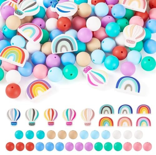 Boutigem Set di 101 perline in silicone color arcobaleno a forma di mongolfiera, perline focali in silicone da 15 mm in gomma morbida rotonde perline sfuse per gioielli fai da te decorazione penna