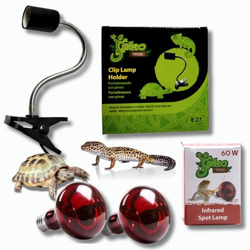 kit 2 Lampade Infrarossi Riscaldanti 60w +E 27 Portalampada Rettili Termica Con Pinza e Interruttore kit Completo Per Rettili e Piccoli Animali Tartarughe da terra Lucertole Serpente ecc... Pet Tribe