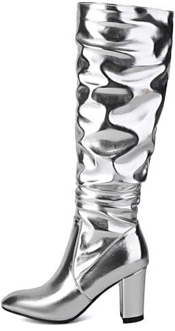 Diuniarza Donna Moda Stivali Alti Stivali Alti Serata Punta Rotonda Sposa Stivali Alti Eleganti Serata Brillantini Tacco a Blocco Argento Numero 36 EU