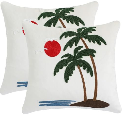 LUOYEHK Palm Tree Throw Pillow Covers 18X18 Inch Set of 2 Coastal Tropical Plants Coconut Trees Decorative Pillow Cases Summer Hawaiian Beach Embroidered Cushion Covers for Couch Sofa Bed Home Decor