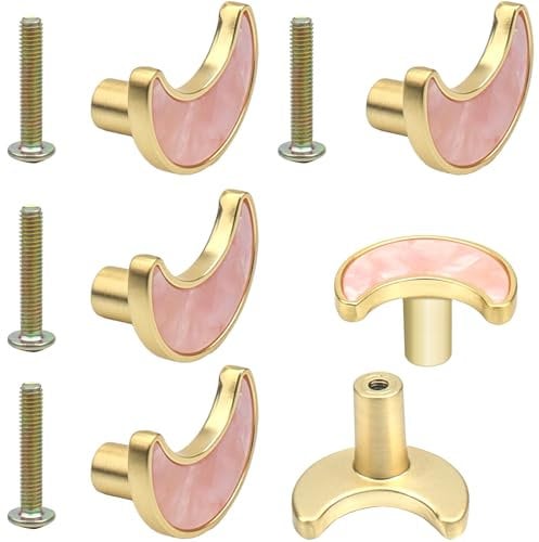 Roellgs 4-Piece 33mm Pink Luxury Door Handle with Screws, Zinc Alloy, Round, Polished, Single Hole, Easy Installation, Kitchen, Bedroom, Bathroom, Cabinet, Wardrobe, Drawer Handle