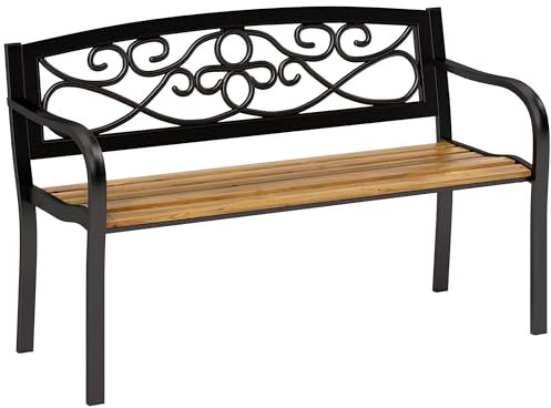 Outsunny Banco de Jardín Exterior de 2 Plazas Banco de Exterior con Asiento de Madera y Marco de Acero para Patio Terraza 127x56x80 cm Negro y Natural