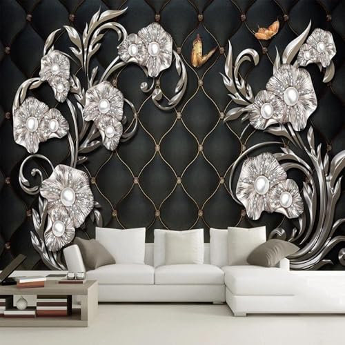 Cubic Black Soft Bag Silver Flower Pearl Butterfly 3D Wallpaper Feature Office Living Room Sofa Bedroom TV Background Wall Decoration-200cm×140cm