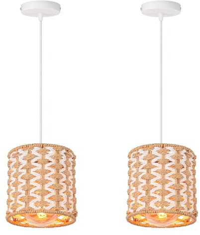 LIGKIN 2 Stück Hängeleuchte Rattan Vintage Boho Kronleuchter Lampenschirm E27 Hängelampe Retro Seil Zweifarbig Design für Schlafzimmer Wohnzimmer Küche
