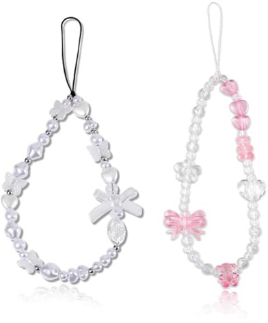 Short chaine de telephone, perles pendantes pour téléphone portable chaine telephone, cordon de téléphone portable en perles papillon (rose et blanc).