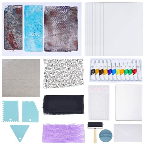 WEBEEDY Gel Printing Plate kit Art Craft Reticulate Printmaking Set Includes 12.7X17.8 cm Gelatin Plate,Mesh Fabric,Printmaking Paper,Acrylic Paint,Essential Tools and Instruction for Adults Beginner