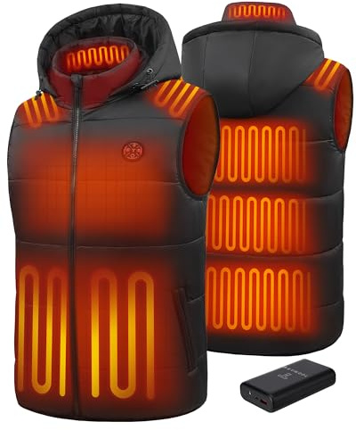 TODWARM Beheizbare Weste Herren mit Powerbank 16000 mAh, 15 Heizzonen Heizweste Herren Abnehmbarer Kapuze Wärmeweste mit Lichtaus Funktion für Camping Motorrad Jagen Angeln Schwarze M