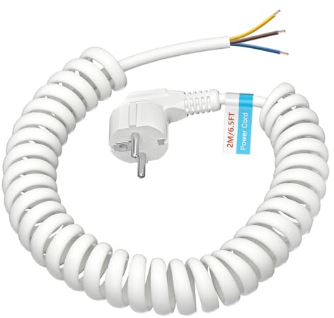 Schutzkontakt Verlängerungs Kabel - 2M, Anschluss Spiralkabel Kunststoffleitung Verlängerungsleitung, IP20 Innenbereich mit Schuko Stecker, Schuko-Stromkabel 230 V / 16 A,White