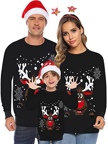 Weihnachtspullover Familie Set Damen Herren Kinder Lustig Weihnachtspulli Ugly Christmas Sweater Rundhals mit Wichtel Unisex Weihnachts Pullover Pärchen Weihnachtsoutfit Winterpullover Sweatshirt