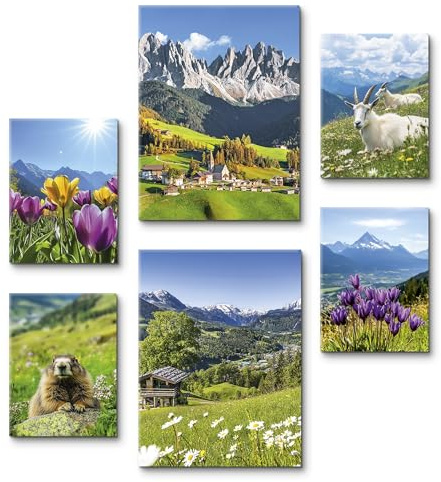 ARTLAND Wanddeko Leinwand Bilder Set 6tlg. 4x30x40 / 2x45x60 Frühling Landschaft Berge Natur Blumen Tiere Alpen aesthetic U5NM