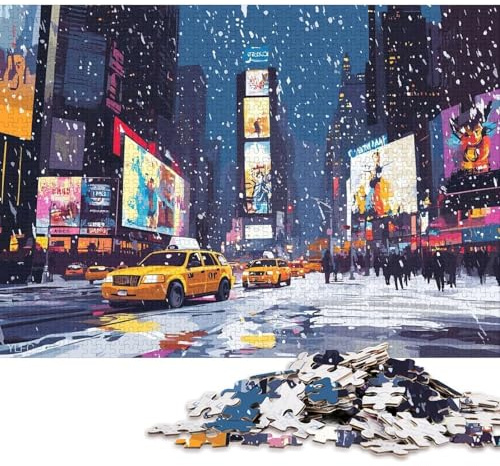 1000-teiliges Puzzle „Verschneitlicher Times Square mit gelben Taxis“ – Quadratisches Puzzle für Erwachsene & Papierpuzzle – Heimdekoration – 38 x 26 cm / 1000 Teile