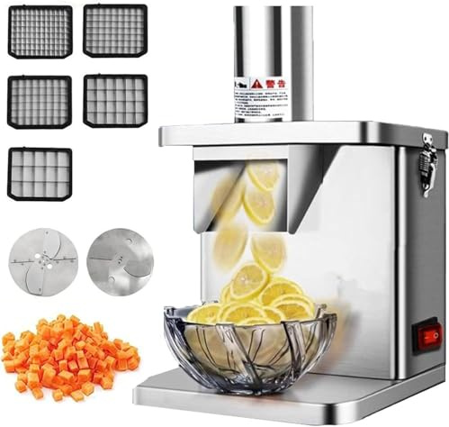 Memykoy Coupe-légumes électrique Professionnel, trancheuse à Fruits, découpe de tomates en Morceaux ou en Cubes, Robot culinaire en Acier Inoxydable avec 5 Lames, Dont 1 Lame à trancher et à râper