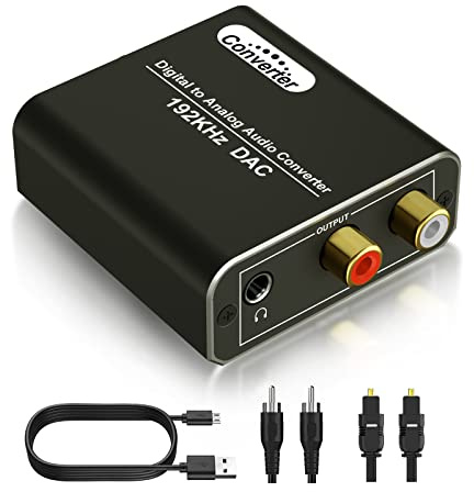 Convertisseur Audio Numérique vers Analogique - DAC 192KHz avec Toslink Optique et SPDIF Coaxial vers RCA L/R et Jack 3.5mm pour TV, DVD, Blu-Ray, Home Cinéma