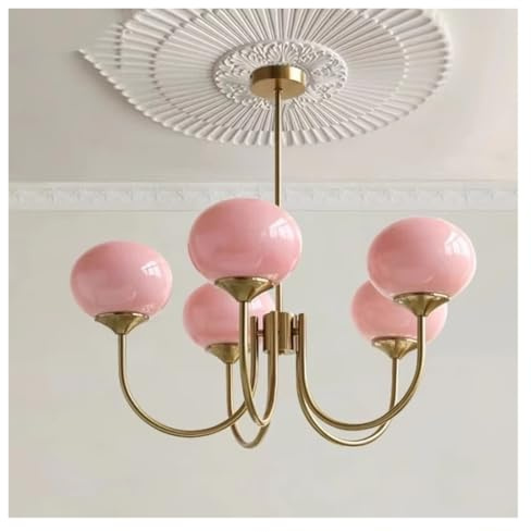 Lustre Style Campagne française Vintage rétro Rose et Blanc en Verre pour Salon, Chambre ou hôtel (5 lumières)