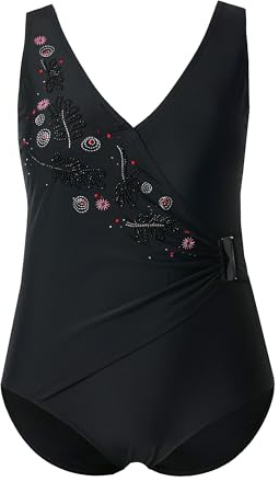 Ulla Popken Damen große Größen Übergrößen Plus Size Badeanzug, Wickeleffekt, Softcups, Zierschnalle schwarz 58+ 847520100-58+