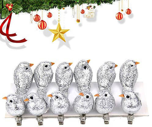 12st Artificial Glitter-Vogel-Verzierung Clip auf Weihnachtsbaum Weihnachten Vogel-Verzierungen für Weihnachten Home-Partei-Dekorationen, Silber