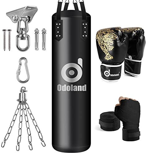 Odoland Pugilato Kit 6-in-1 per Uomini e Donne, Non Riempito Sacco da Boxe Fino a 68 kg con Guantoni da 12 Once e Bende, Catene da Appendere