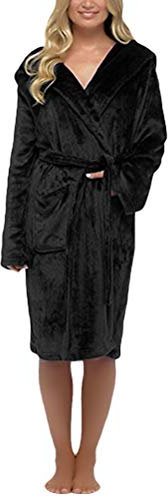 Minetom Accappatoi da Donna con Cappuccio Vestaglia Invernale in Morbidissimo Pile Vestaglia con 2 Tasche Cintura Morbido Bene Assorbenza Nero 42