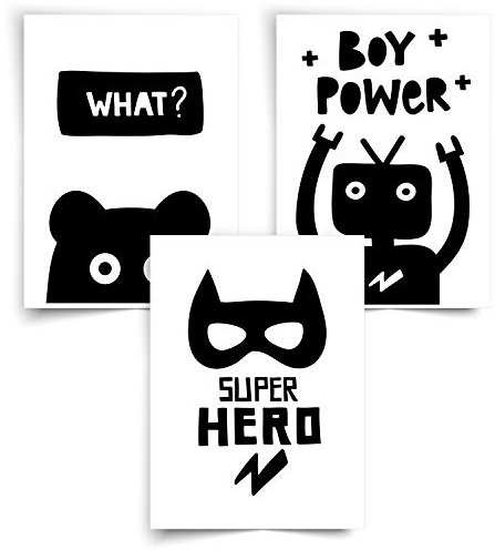 Donari® Poster Kinderzimmer Jungen 21x30 • Kinderzimmer Deko Junge 4er Set • Wandbilder Schwarz-Weiß ohne Rahmen Dekoration • Wanddeko Jungs Zimmer Bilderset (Set 1)