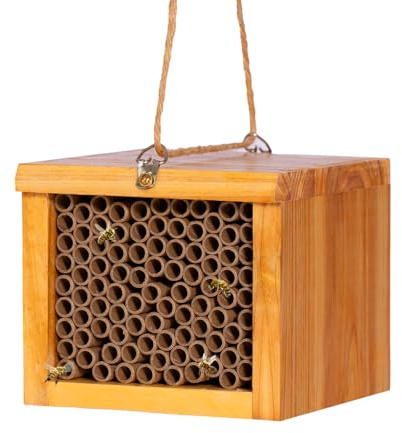 Mason Bee House - Wax Coated Bee Hotel for the Garden, Natural Handmade Wooden Insect Hotel, Mason Bee Home for Outdoors, Attracts Peaceful Bee Pollinators to Your Garden
