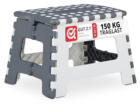 1 x Tritthocker klappbar, einstufiger Klapphocker mit Griff, bis 120 kg, Kunststoff, 22,5 x 32 x 25 cm, grau/weiß