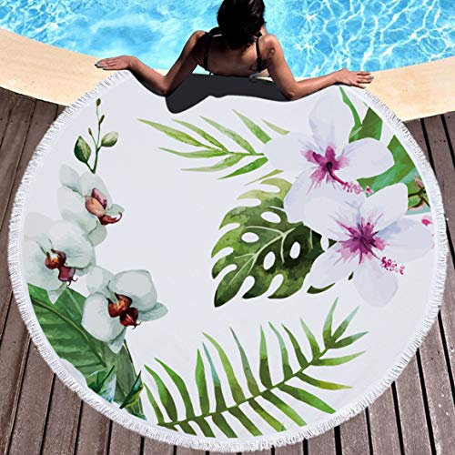 Mikrofaser Runde Strandtuch mit Quaste, Chickw1 3D Blume Schnelltrocknend Kompakt Badetuch Sandfreie Handtuch Reisehandtuch für Strand Schwimmen Yoga Tapestry (Hibiskus,Durchmesser 150cm/59)