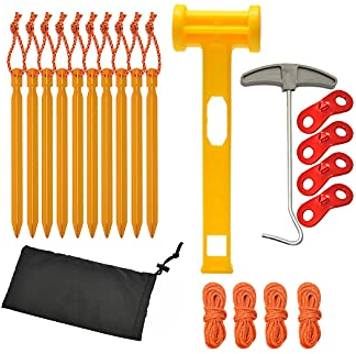 Tiardey 10Pcs Set di picchetti per Tende in Alluminio Leggero,Kit di Accessori per picchetti da Campeggio,Martello di plastica,estrattore per Chiodi con Borsa per Campeggio Facile - Giallo