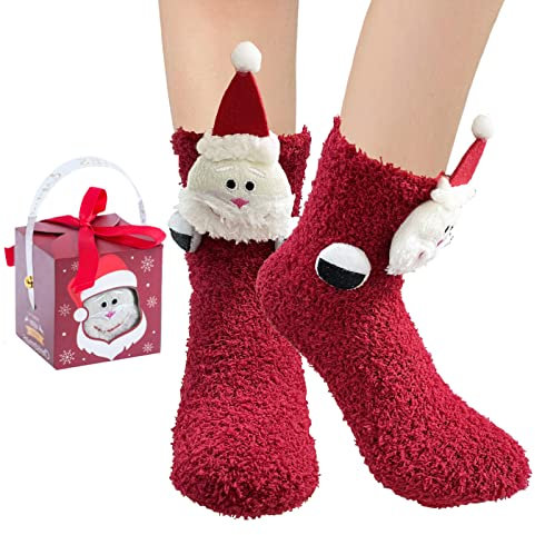 BINXWA Flauschige socken Weihnachtsgeschenke für Frauen und Freundin, Weihnachtsmann Antirutschsocken damen, lustige socken Geschenk für Frauen, warm Kuschelsocken mit Geschenkbox