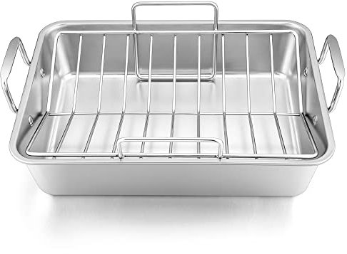 Leonyo Bräter mit V-förmigem Gestell, robuster Edelstahl, rechteckig, 40,6 cm, Truthahnbräter mit Griffen für Huhn, Lasagne, Gemüse, Brownie, spülmaschinenfest