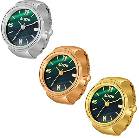 Silverora Finger Uhr Ringuhr für Damen und Herren, analoge Quarzuhr, arabische Ziffern, grünes Zifferblatt, elastisches Band, Rosegold, Goldsplitter, Fingeruhr