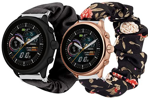 Blueshaweu Chouchou Bracelet Compatible avec Fossil gen 6 wellness, en Tissu Imprimé Élastique Bracelet de Montre du Fossil Gen 6 Wellness Smartwatch (2 packs : fleur noire + noir)