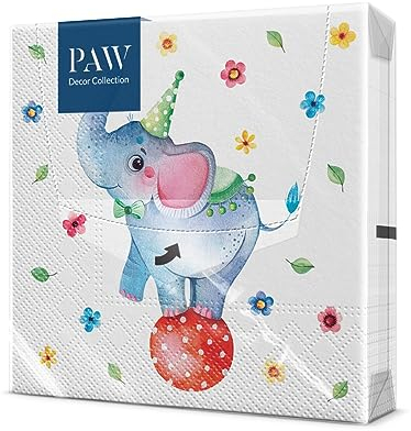 PAW - Servietten 3-lagig (33 x 33 cm) I 20 Stück I Perfekt für Kindergeburtstage, Partys, Kommunion und Feiern I Papierservietten Bunt mit Party Motiv I Elefant, Party, Tiere - Circus Elephant