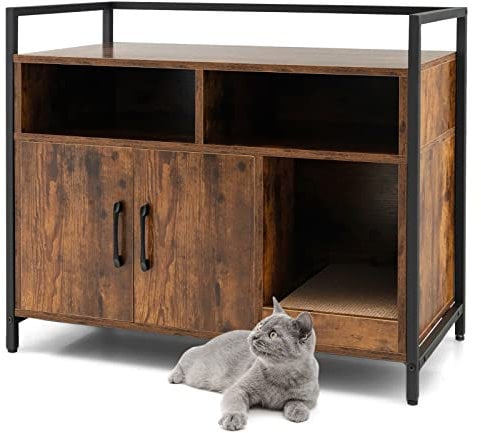COSTWAY Cat Litter Box Enclosure, Wooden Kitty Hidden Washroom Toilet with Storage Compartments and Scratching Board, Indoor Cats House Side Table Nightstand