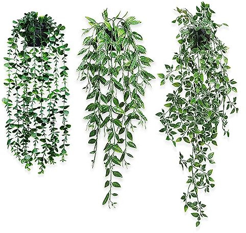 Donken Artificial Hanging Plants in Pots 3 Pack Indoor Trailing Plants Fake Plants Eucalyptus Peas Mandala Home Garden Shelf Decor Greenery for Wedding, Party Outdoor
