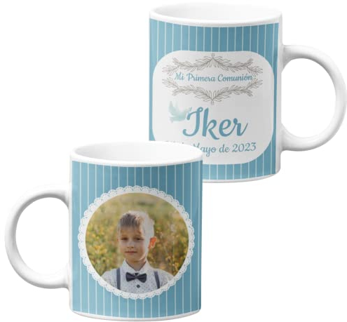 Worfull Regalos Taza comunión personalizada con foto - mi primera comunión - niño - niña - con nombre y foto - detall original (TURQUESA)