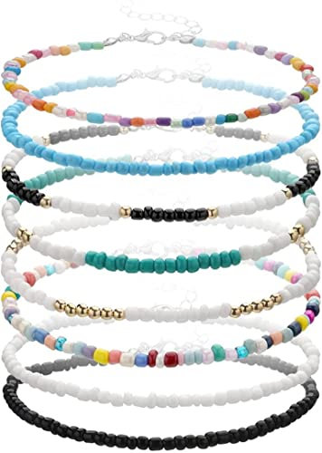 SCJJZ fußkette damen,fussketten für frauen,fußkettchen,fußkette,armband perlen,obx schmuck,Buntes Boho-Perlen-Damen-Stretch-Fußkettchen-Armband(8 Stück)