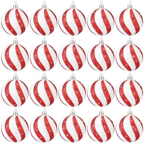 Jenaai 20 Stück 2,36 Zoll Weihnachtskugeln Baum Anhänger Kunststoff Weihnachtsbaum Hängende Ornamente Kugeln Rot und Weiß Pfefferminz Ornamente für Weihnachtsbaum Xmas Dekorationen