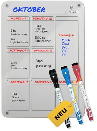 Previs Wochenplaner Abwischbar Acryl Magnetisch für Kühlschrank A4 mit 3 Boardmarkern - Weekly Planner Kühlschrank Acryl - Magnetic Calendar for Fridge Transparent - Familienplaner Abwischbar