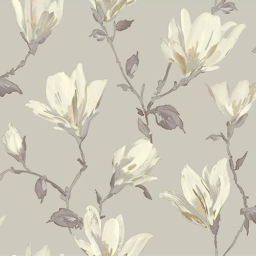 Lily Floral Grey White Wallpaper - Pastel Coloured Flowers Classic Traditional - Non-Woven Feature Wall