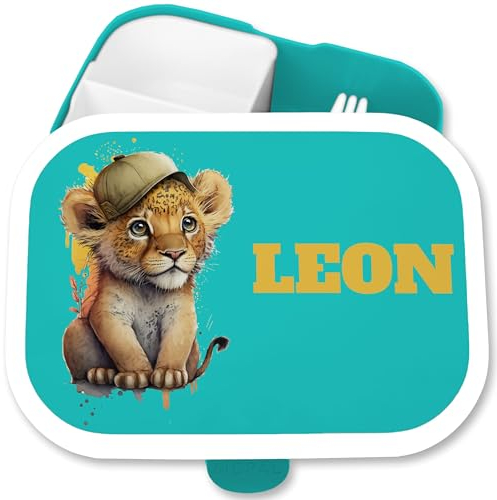 Brotdose Kinder Campus für Mepal - Süßer Löwe Löwen Lion Leo - 750 ml - Türkis - lunchbox-löwe tiere mepal-campus geschenke kindergartenstart tier lunchbox tieren loewen fächern tiger name