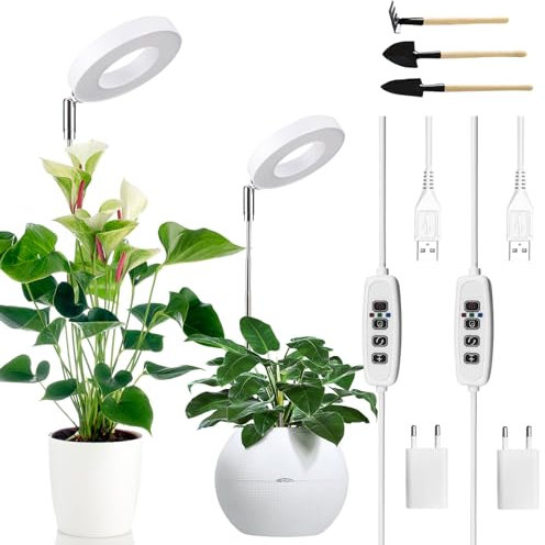 Pflanzenlampe 48 LED 2 Stück, LED Vollspektrum Pflanzenlicht für Zimmerpflanzen, Höhenverstellbares Plant Grow Light mit 3 Beleuchtungsmodi 9 Helligkeitsstufen, 3/9/12h-Auto-Timer, USB Adapter